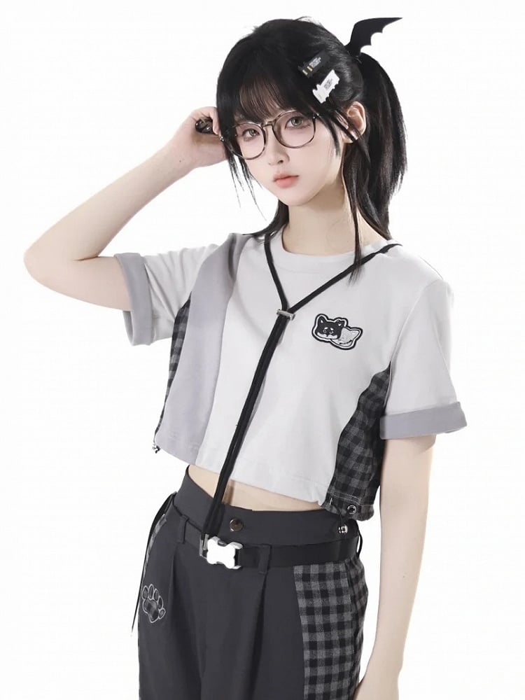 Patchwork Design Plaid Techwear Cropped T-Shirt Gray Colorblock Design