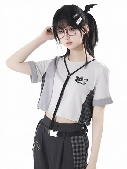Patchwork Design Plaid Techwear Cropped T-Shirt Gray Colorblock Design
