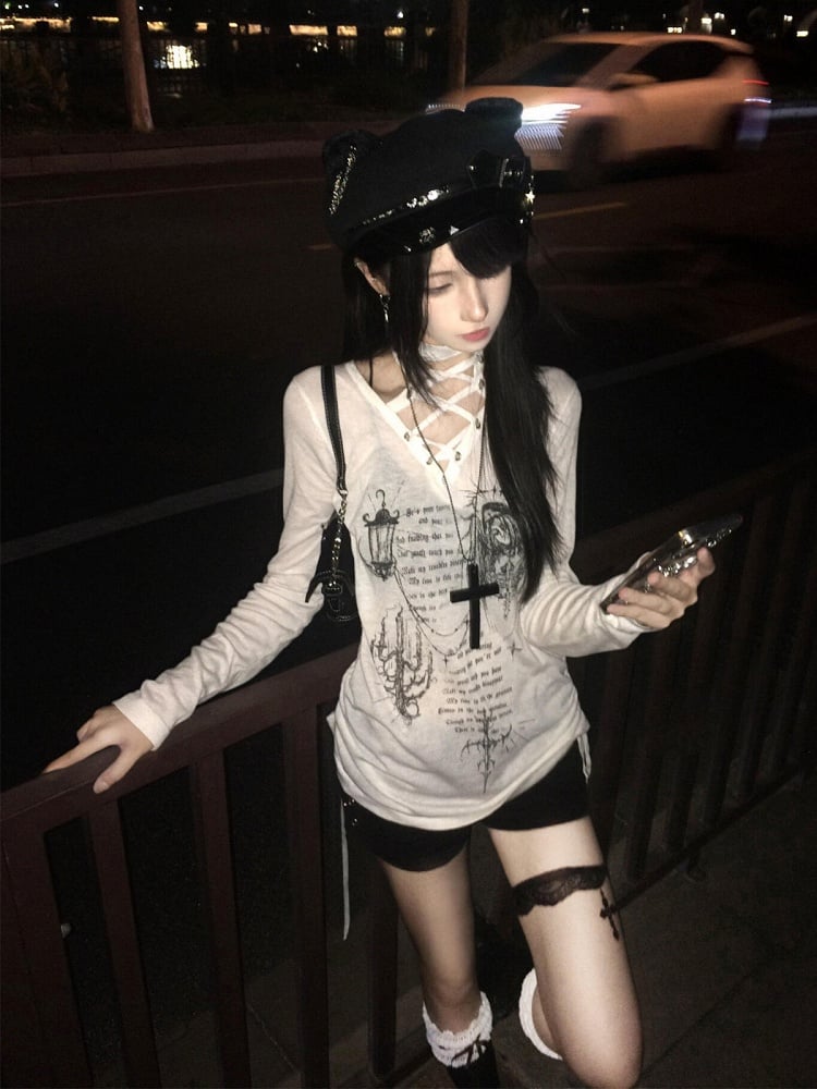 Y2K Lace-up Long Sleeve T-Shirt - y2k QUEEN