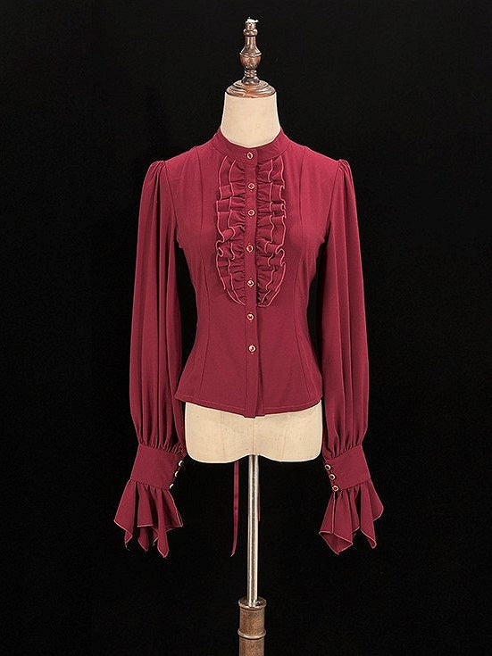 Jabot Tie and Ruffled Red Blouse Placket Long-sleeved Lolita with
