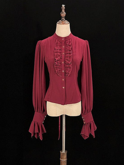 Jabot Tie and Ruffled Red Blouse Placket Long-sleeved Lolita with