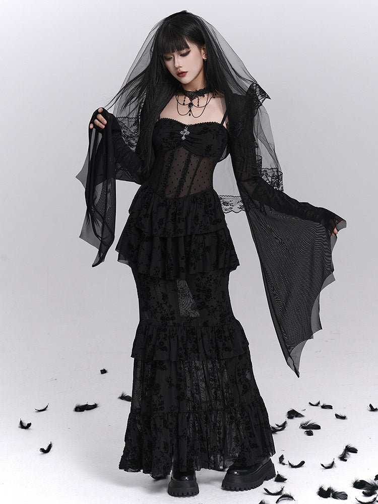 Gothic Black Mermaid Slip Dress with Polka Dot Sheer Top and Floral Embroidery Tiered Skirt - Lady Ghost