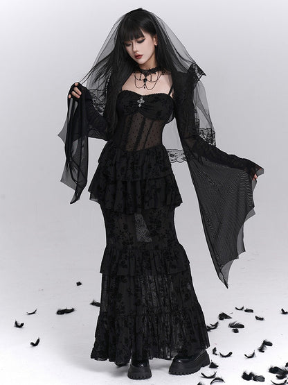 Gothic Black Mermaid Slip Dress with Polka Dot Sheer Top and Floral Embroidery Tiered Skirt - Lady Ghost