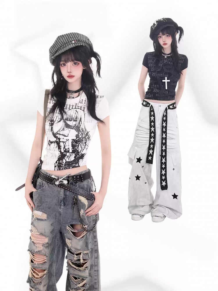 Anime Girl & Letter Graphic Tee Cotton Slim Cut Short Sleeve White Top - KNOW8 Online Shop