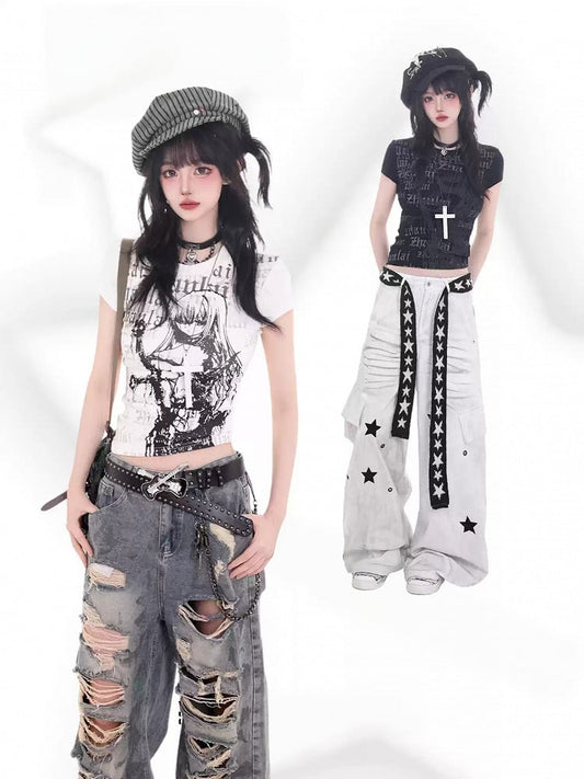 Anime Girl & Letter Graphic Tee Cotton Slim Cut Short Sleeve White Top - KNOW8 Online Shop