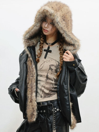 Accent with Jacket - Zip Snap Hooded Style Closure Punk Plush Details Black