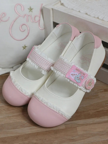 Strap Closures Plaid Lolita Flats White Toe Lace - Pink Trim Sweet Round Velcro
