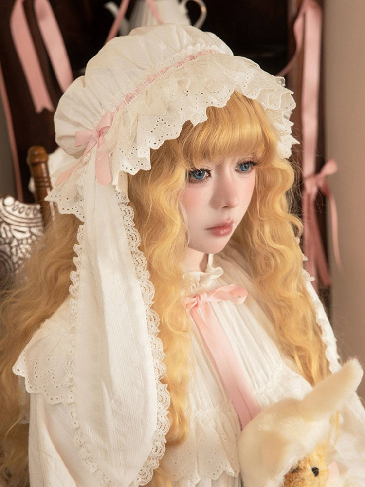 Sweet Pink & White Lace Lolita Hat with Rabbit Ears - Tan Tuan