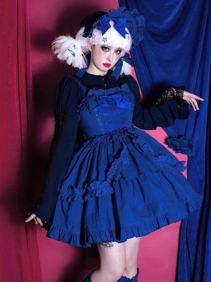 Lolita Bowknots Heart-shaped JSK Decoration Short with and Blue Dress Klein Gothic Version Ruffled