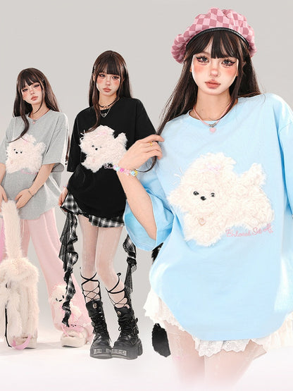 Blue/Grey/Black Plush Puppy Applique Loose T-shirt