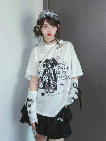 Lace-up with Neckline Detail Punk Girl Print Slit Gloves White Y2K T-Shirt