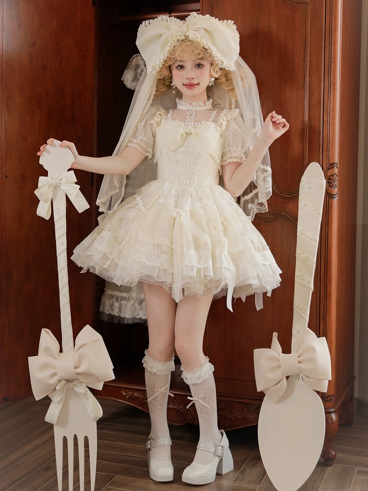 Kleid Prinzessin Lolita Weiß Taille auf und Band Schleifen Perlen Baskenrock Creme