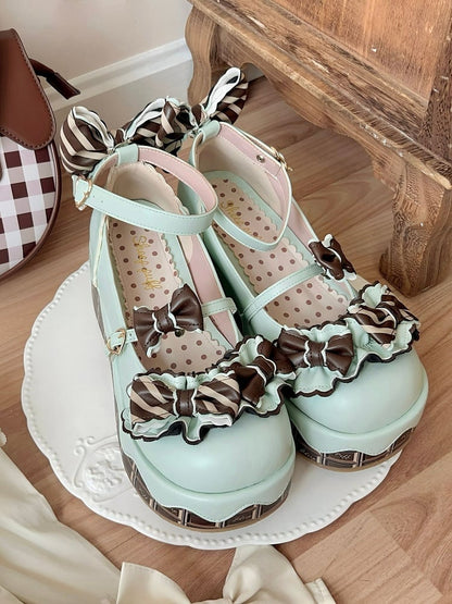 Mint Green Heart Buckle Lolita Shoes - Sheep Puff