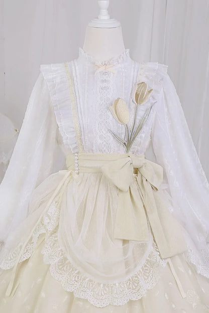 白と黄色のチューリップ刺繍アップリケボディスワンピース