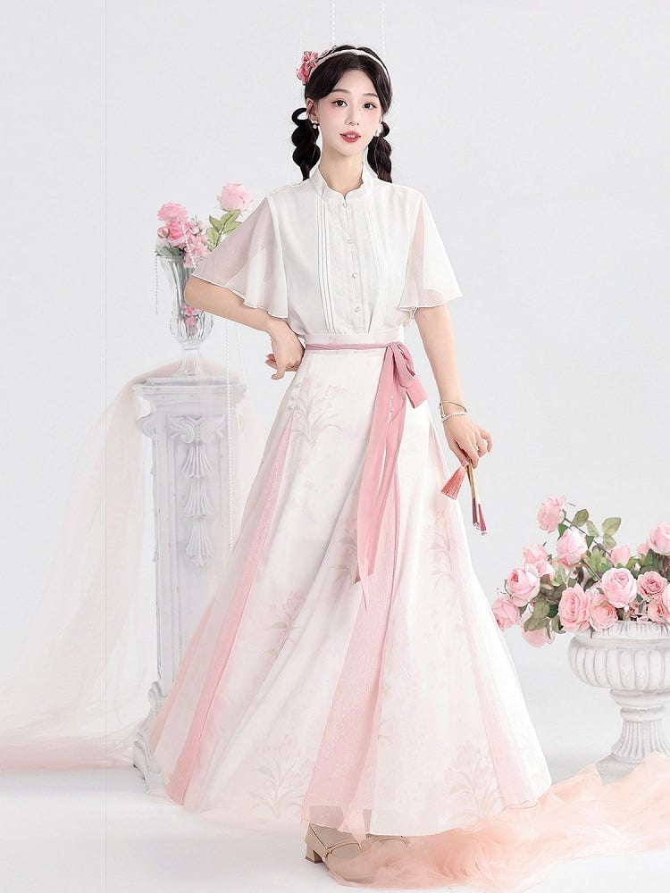 White and Pink Chinese Floral Embroidered Capelet with Chiffon Top and Skirt - Unknown Star