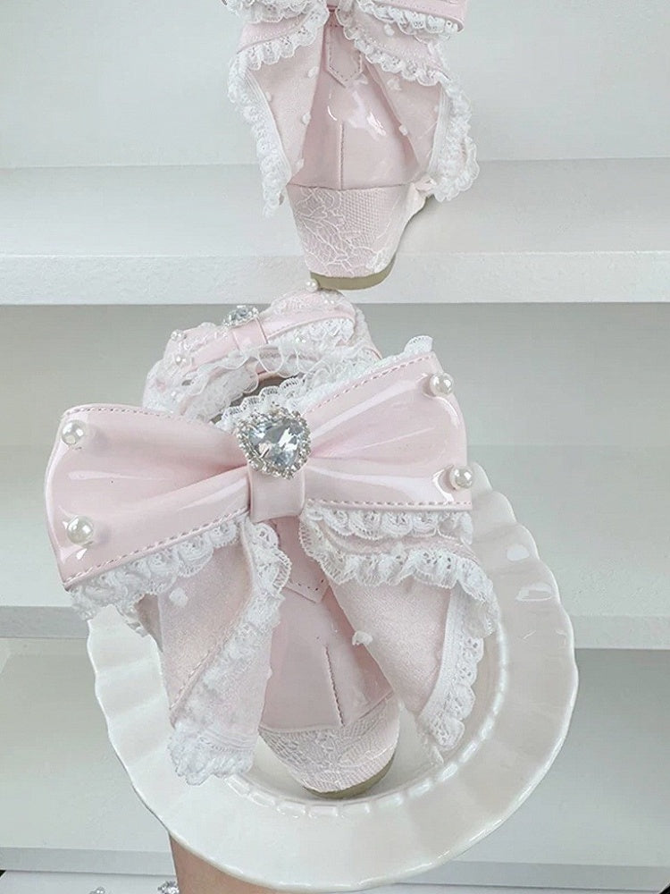 Pink Lace Bowknot 5cm Slope Heel Shoes Pearl Chain - Meng Ka Jiang