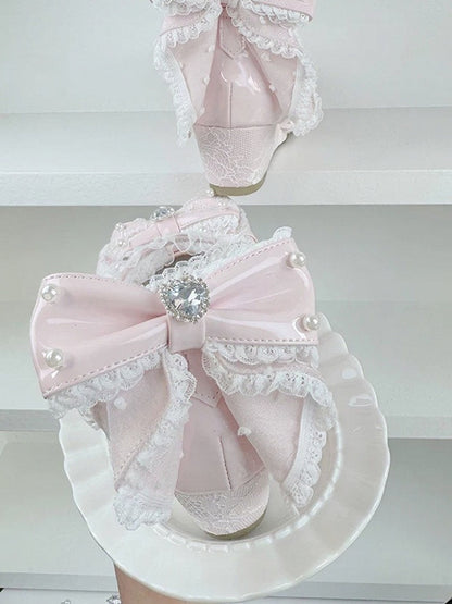 Pink Lace Bowknot 5cm Slope Heel Shoes Pearl Chain - Meng Ka Jiang