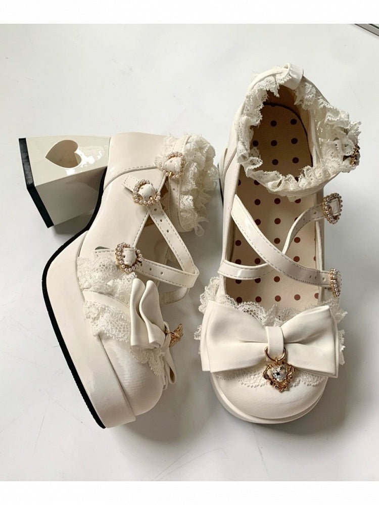 4 Colors 2cm Platform Pendant Detail Lolita Mary Jane Shoes with Bow and Lace Trim - Unmissable Berry