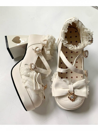 4 Colors 2cm Platform Pendant Detail Lolita Mary Jane Shoes with Bow and Lace Trim - Unmissable Berry