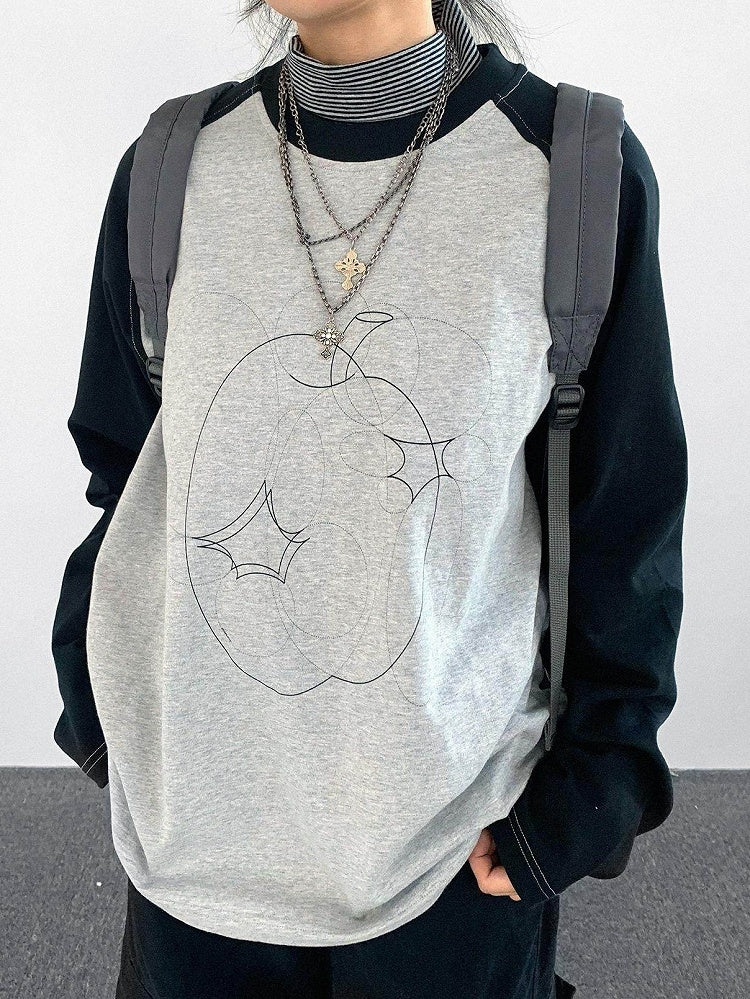 Gray Sleeve Black Neck Unisex Apple Print Long Daily Top Kawaii Round with