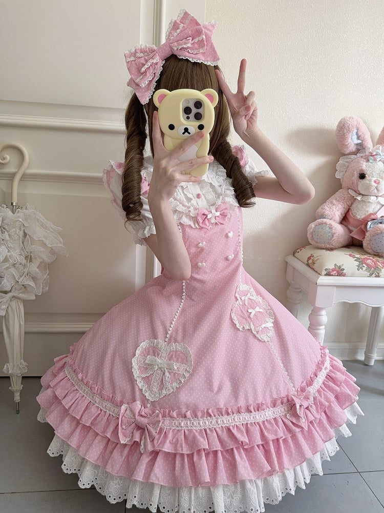 Pink Ruffle Lolita Dress Nurse Hemline Polka-dot Layered Pattern