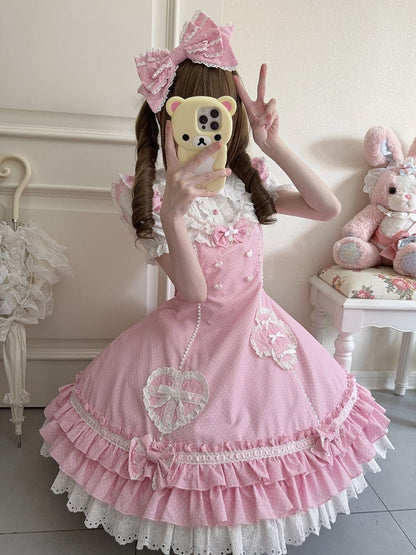 Pink Ruffle Lolita Dress Nurse Hemline Polka-dot Layered Pattern
