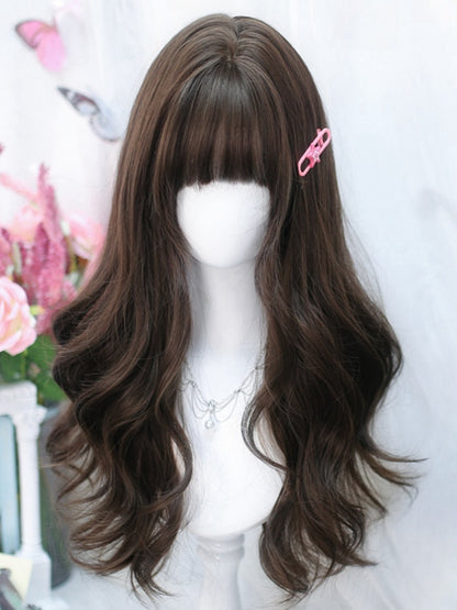 Braune 60 cm lange gewellte Perücke mit vollem Pony