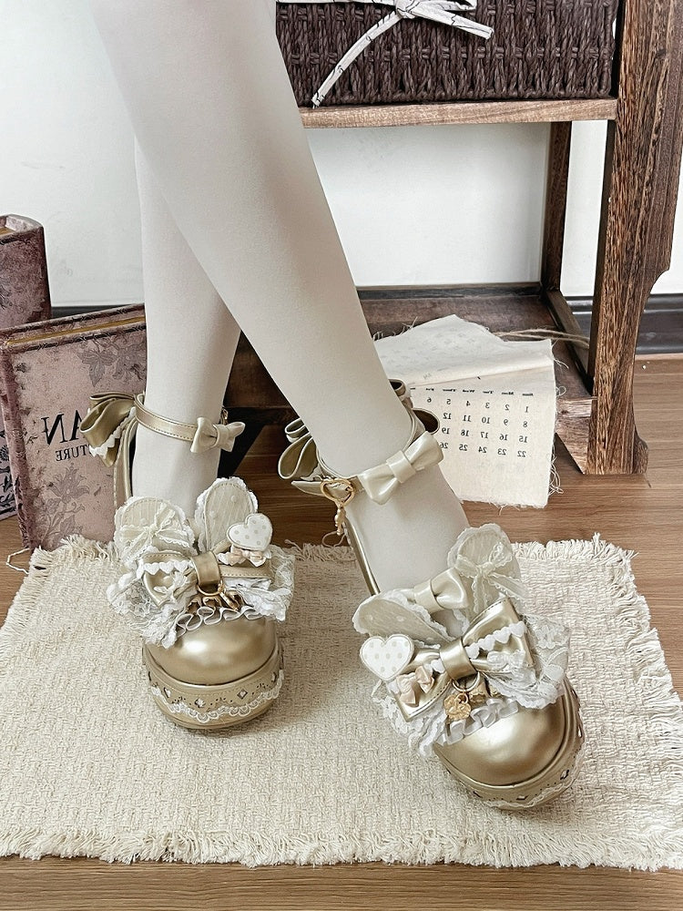Gold Lolita Round Toe Platform Shoes with Bow, Lace and Rabbit Ear Detail - Cheese Mango