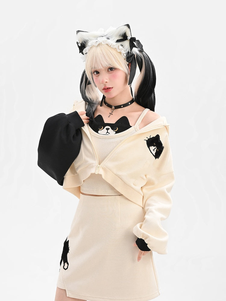 Schwarzes Kitty Design – Glamouröses, kurzes Cami-Top in Weiß