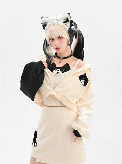 Schwarzes Kitty Design – Glamouröses, kurzes Cami-Top in Weiß