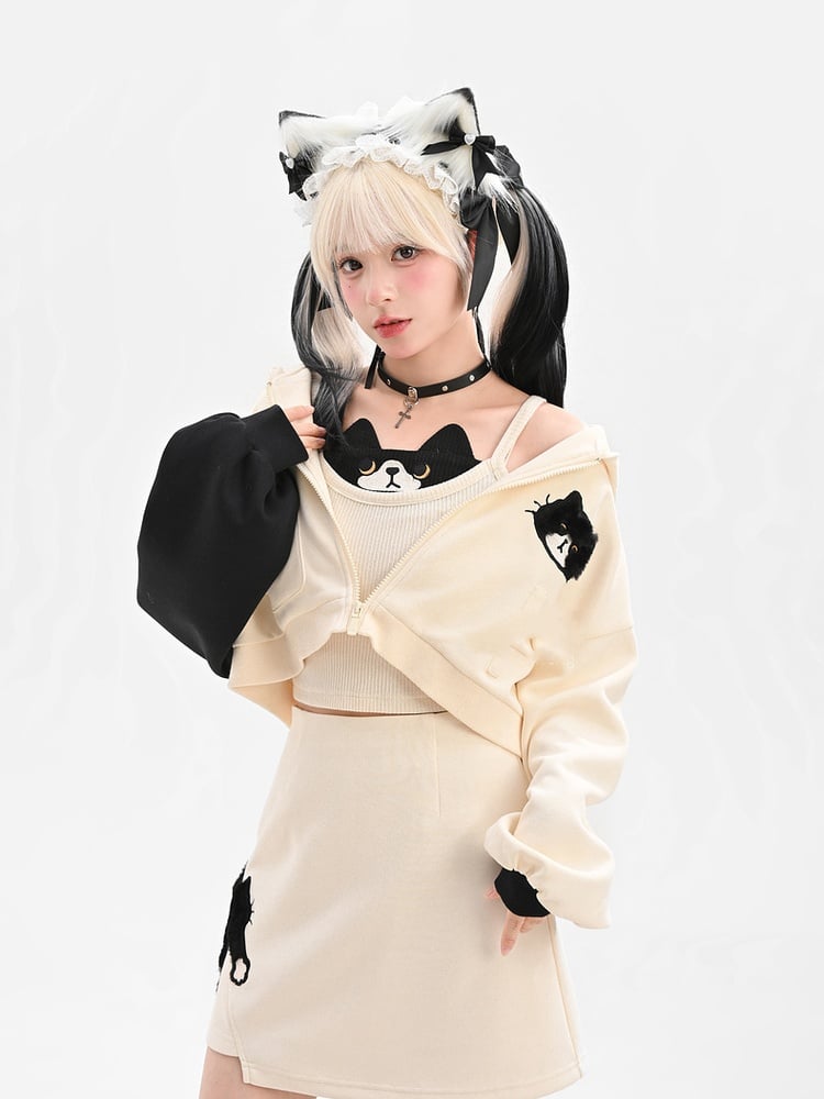 Schwarz-weißer Kapuzenpullover mit Kätzchenohren und Kätzchenmuster, Reißverschluss