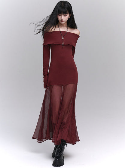 Wine Red Semi-sheer Off-the-shoulder Neckline Glamorous Dress