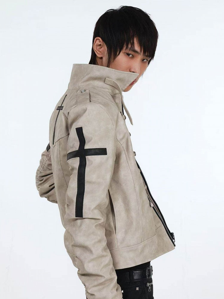 Genderless Punk Milk White Double-Breasted Decorative Faux Leather Jacket with Cross Pattern - DETW OnLine
