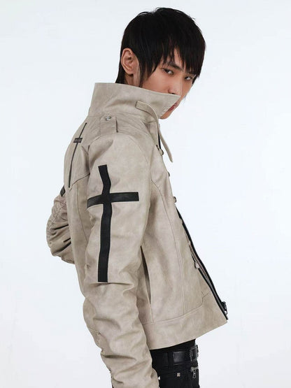 Genderless Punk Milk White Double-Breasted Decorative Faux Leather Jacket with Cross Pattern - DETW OnLine