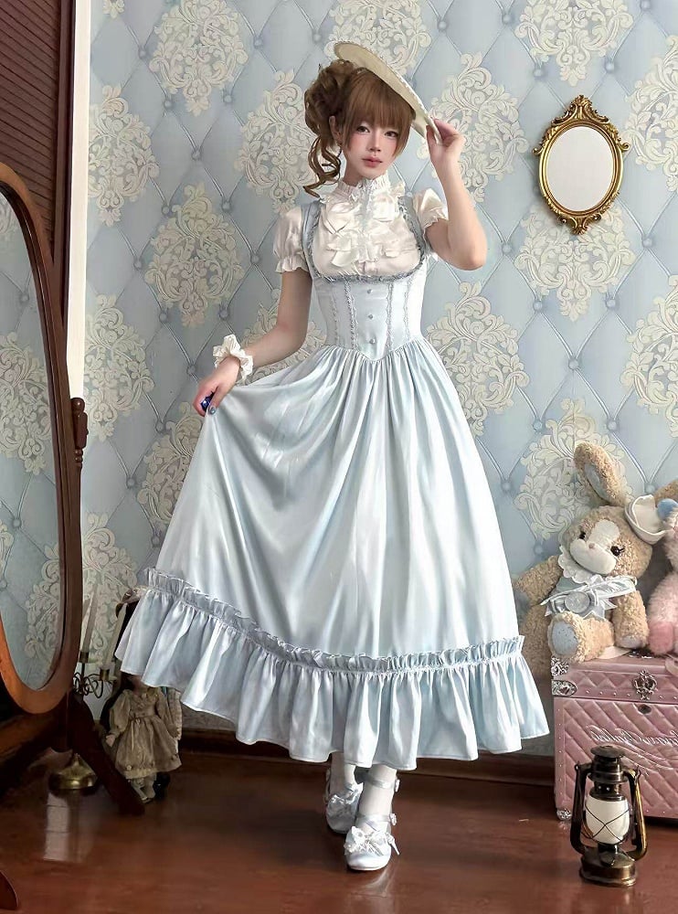 Light Blue Satin Basque Waist Under Bust Elegant Lolita JSK - Alice in Wonderland Lolita