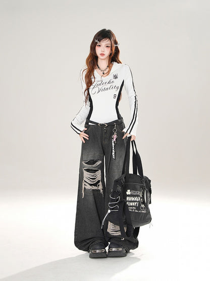 Sailor Block Graphic Top Collar Long Sleeve Prints White/Black with Color and