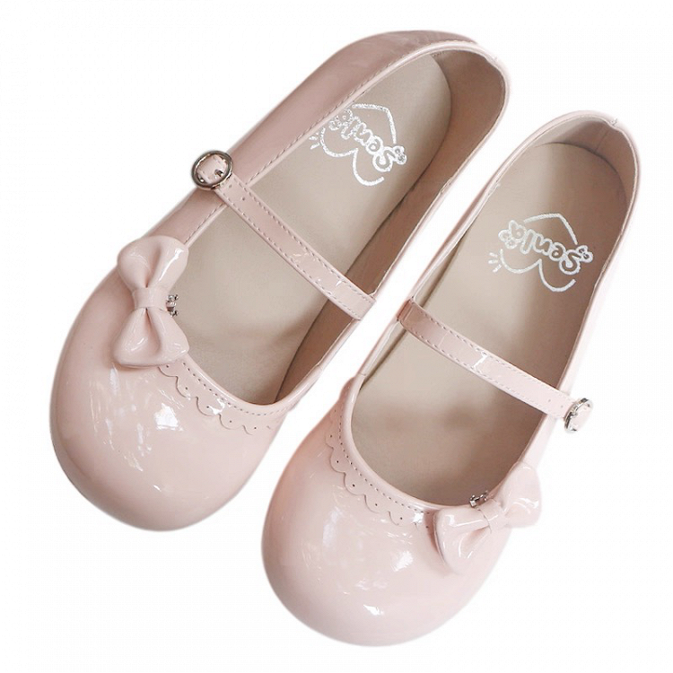 Circle Janes Pink Round Leather Mary PU Buckle Bow Accent Scalloped Hem Sweet Toe