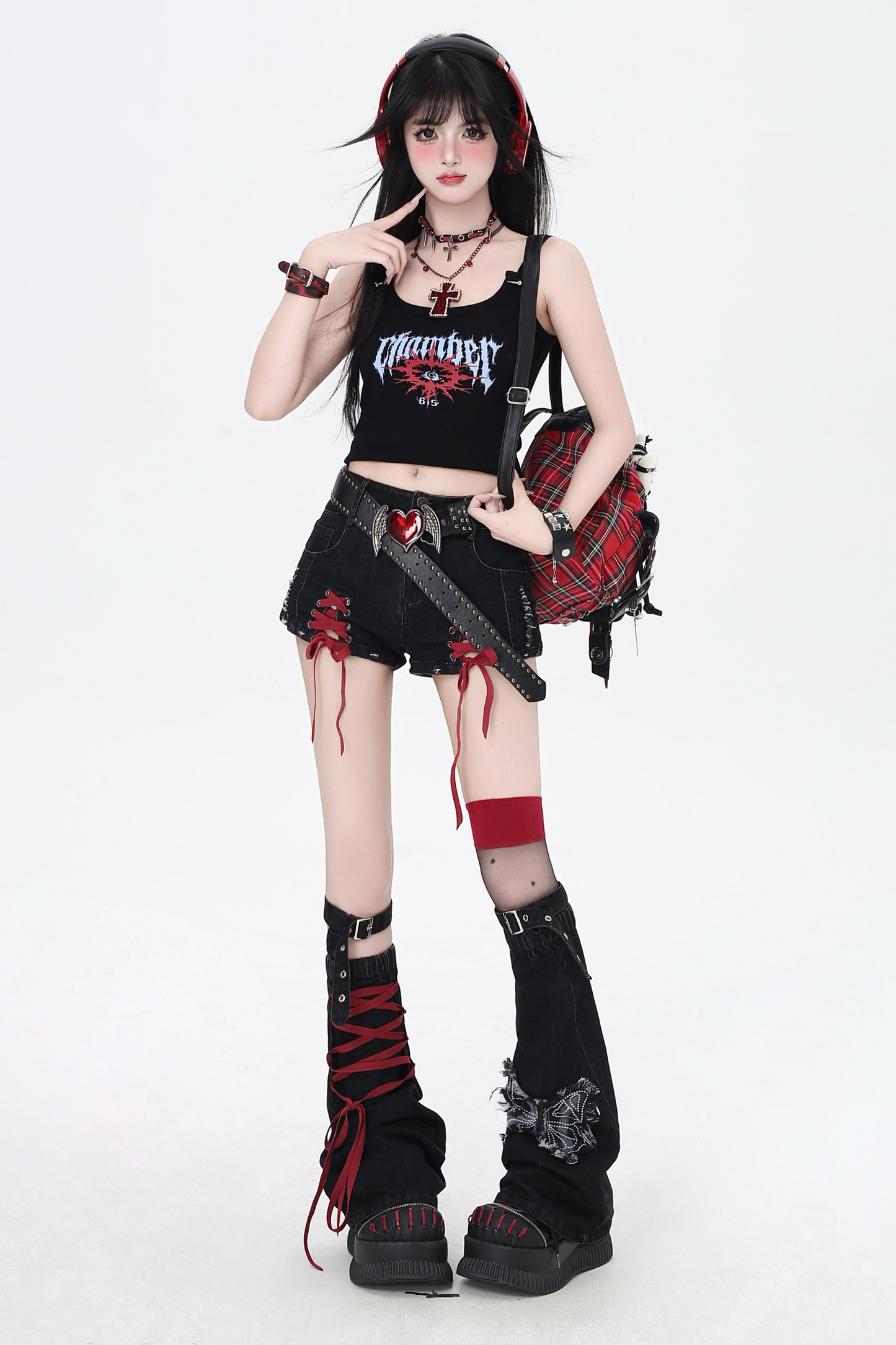 ショートパンツ カラーリボン デニム レースアップ