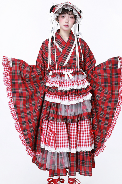 レトロチェック着物風トップス