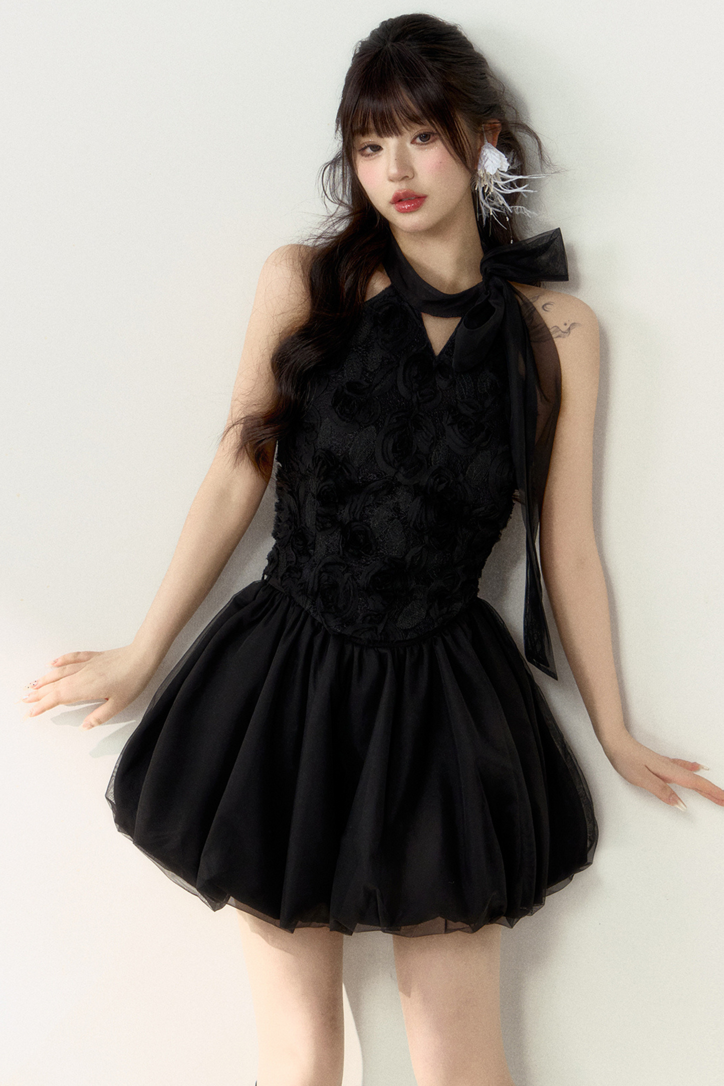 ロング丈＆スイートなノースリーブショートフラワーフレンチスカートバルーントップ