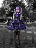 Gothic Lolita JSK Dress with Cross & Spider Details, Layer Lace Trim & Bowknots in Black & Purple - Dream Flower Box