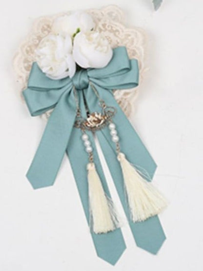 Tassel Dusty Green/Dusty Lace Flower Bowknot Lolita Blue Brooch/Hairclip