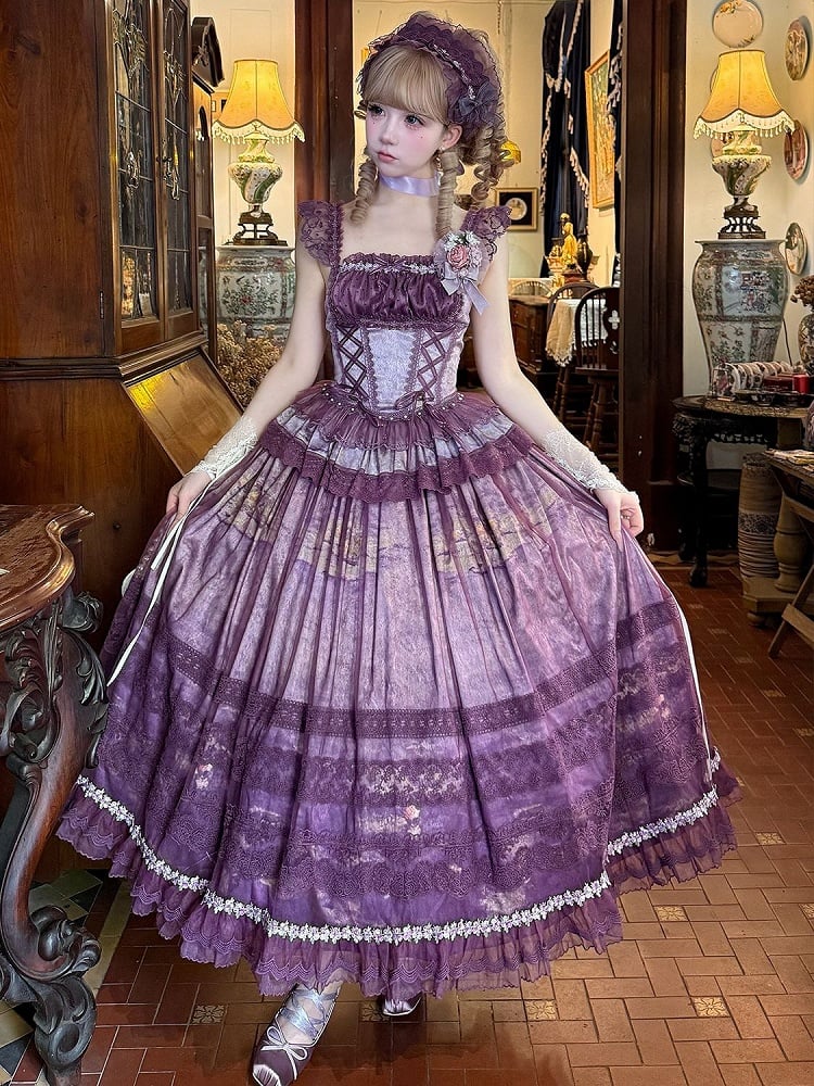 Rock Baskisch + Lila Taille Malerei Klassisches Entbeintes Öl Top Lolita Overlay Print