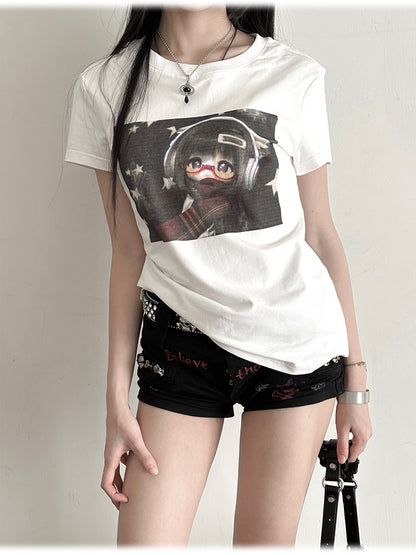 ホワイトラウンドネックBJDドールプリントヴィンテージTシャツ