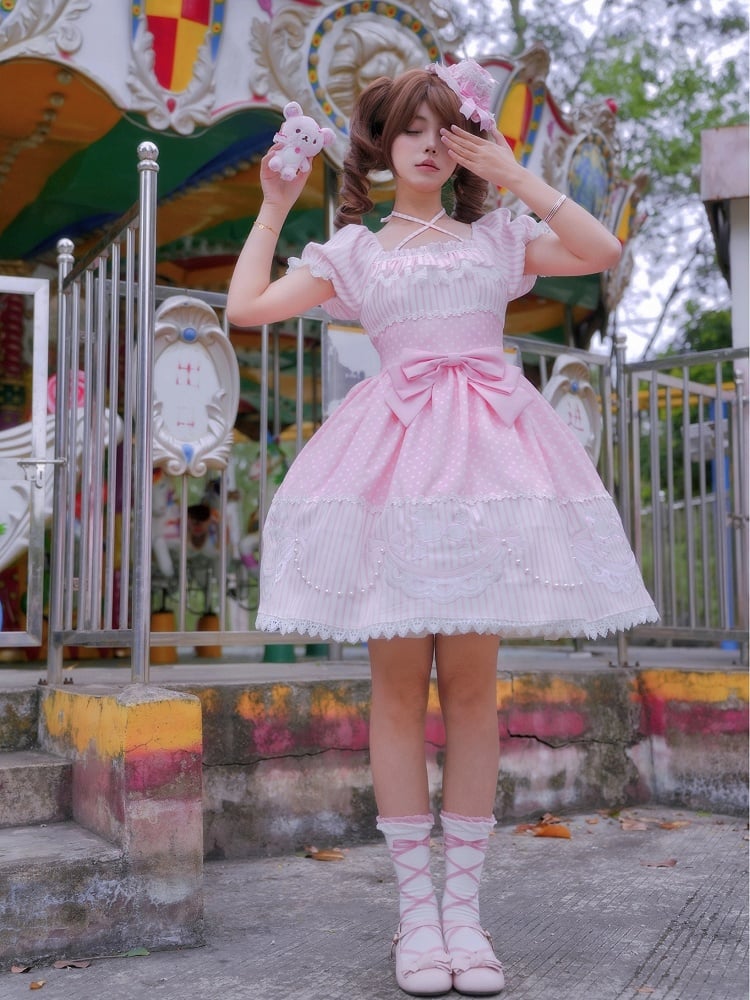 Print Polka Short Pattern Dots Pudel Pink Gestreifte Lolita-Ärmel mit Kleidschleife und Aufnäher