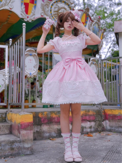 Polka Dot & Striped Pink Lolita Short Sleeve Dress with Poodle Patch - Infanta