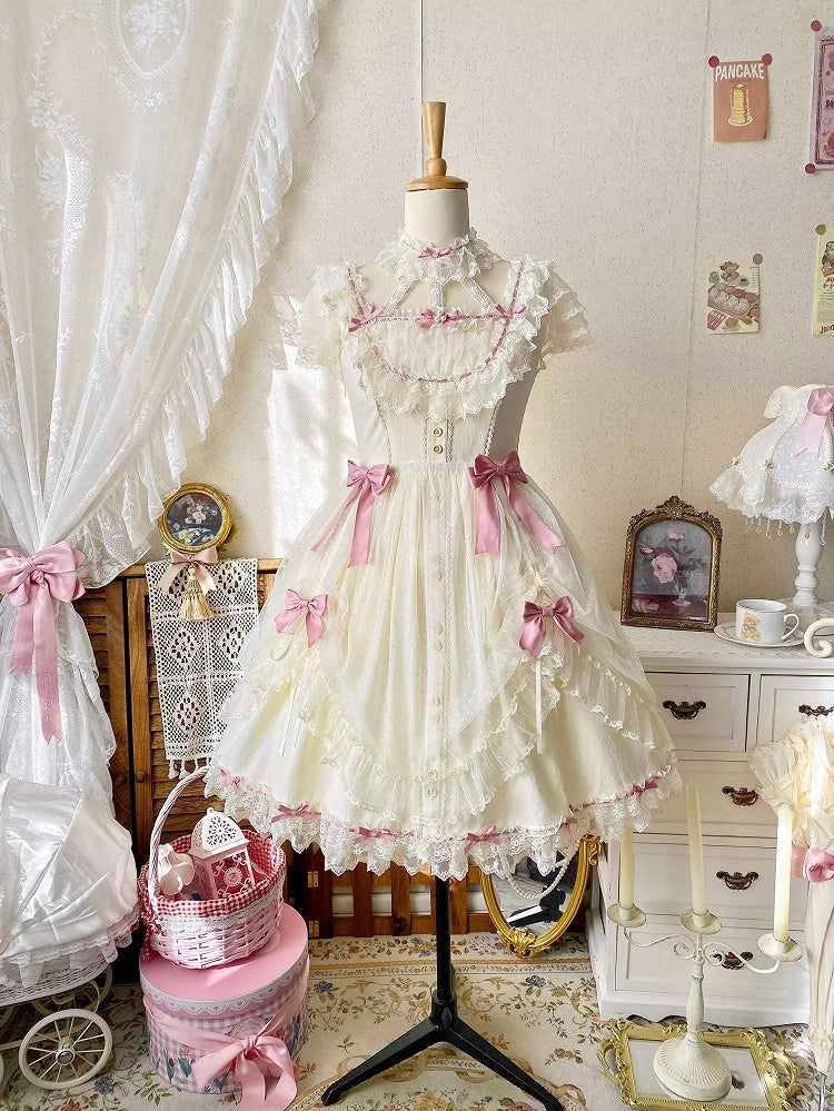 Short Lolita Dress Classic Light Version Bow with Elegant Yellow Lace and Details