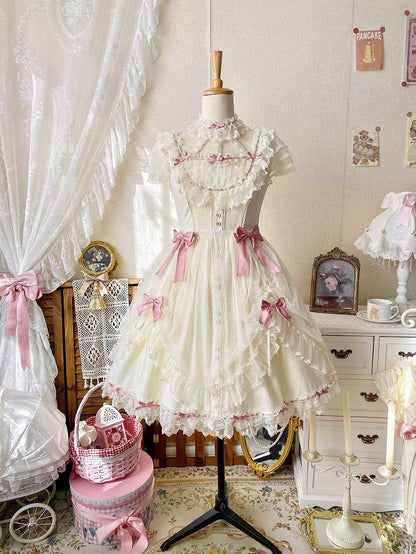 Short Lolita Dress Classic Light Version Bow with Elegant Yellow Lace and Details