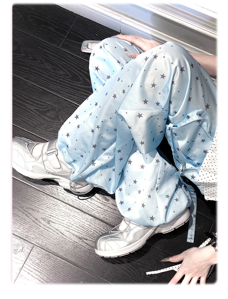 Allover Waist Blue Wide-leg Cargo Pants Star Print Drawstring