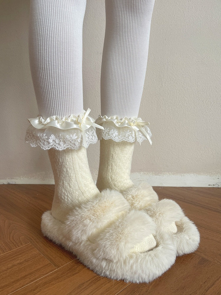 Ribbon Socks with Cable-Knit Lace Cuffs